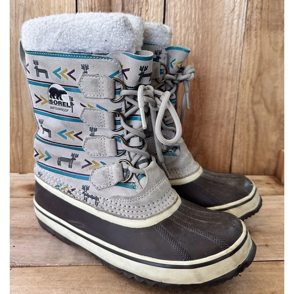 SOREL Aztec Snow Boots Deer Waterproof Insulated Sherpa Women's 6